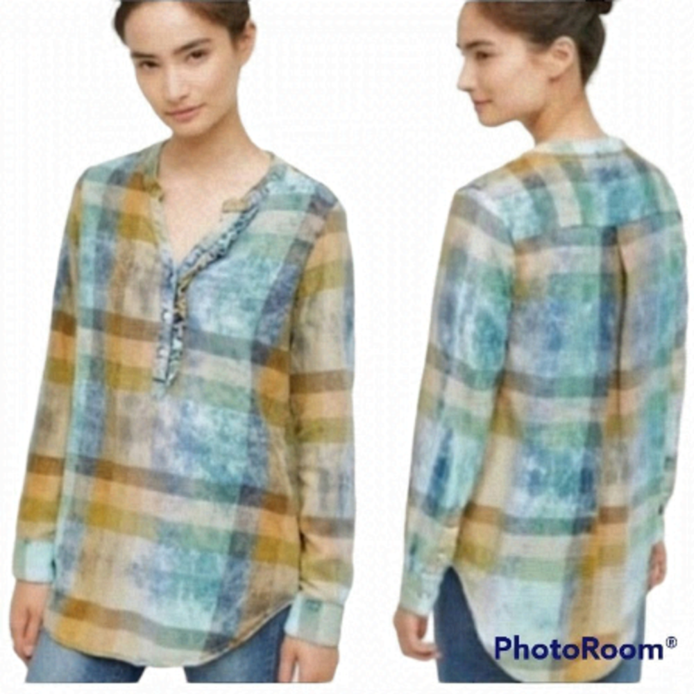 Anthropologie Isabella Sinclair Plaid Ruffle Shirt Top Medium @L1